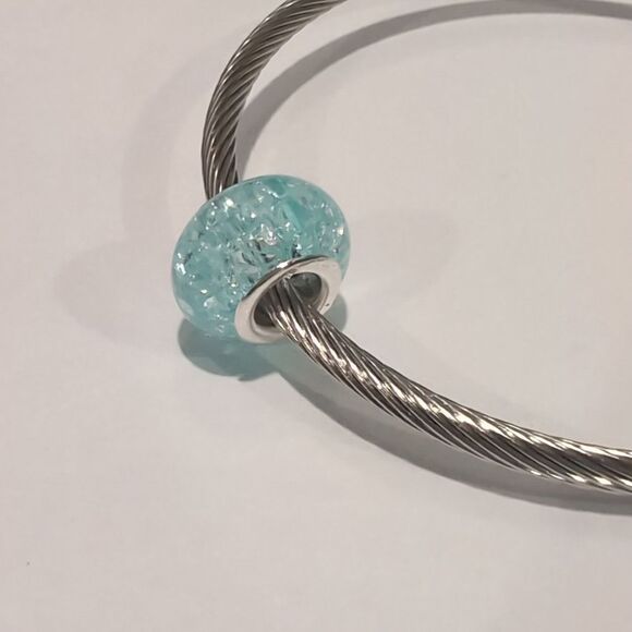 Silver Blue "Crushed Glass" Charm for Pandora Style Bracelet - Picture 3 of 4